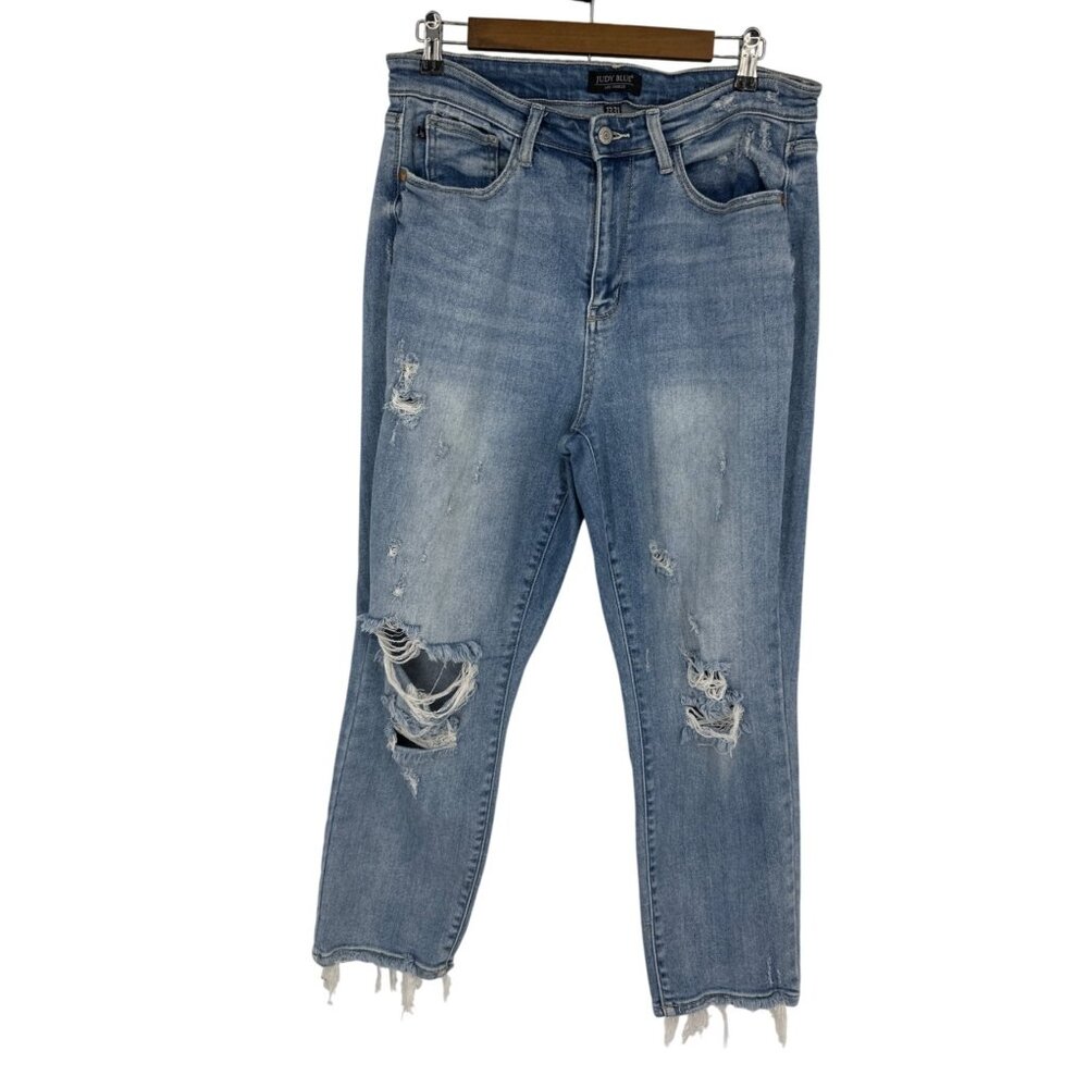 Judy Blue Distressed Frayed Hem Womens High Rise Straight Fit Jeans Size 13/31
